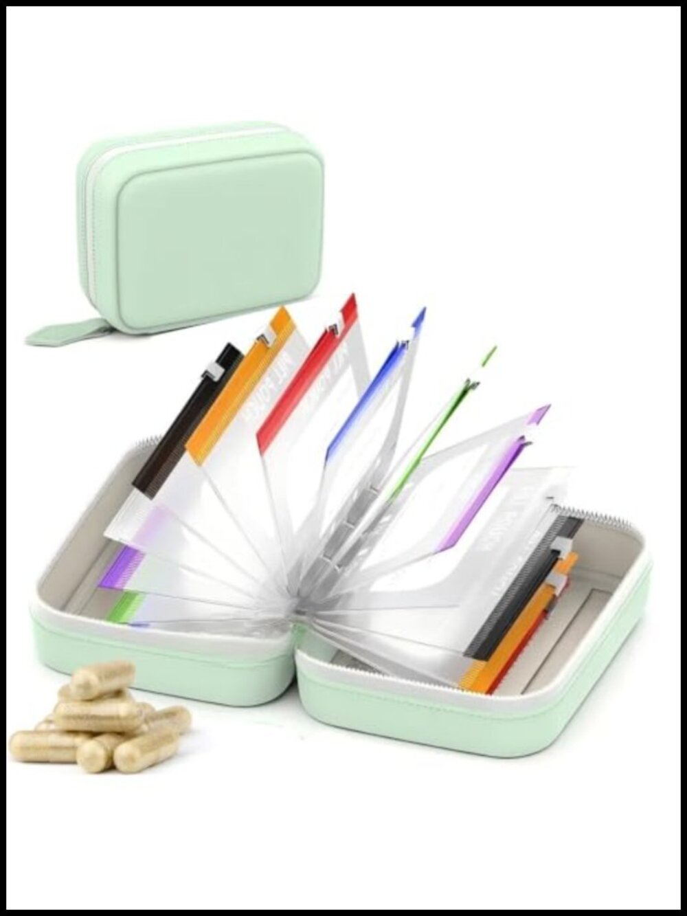 Waterproof Travel Pill Organizer Set 14 Color-Coded Pouches Two Binders Compact